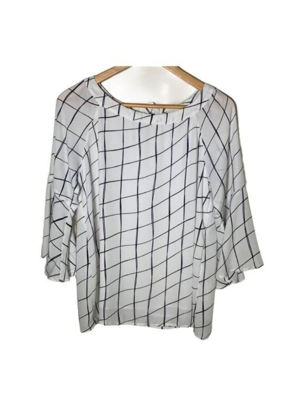 Halogen Womens S Black White Plaid Blouse 3/4 Sleeve Career Work Top